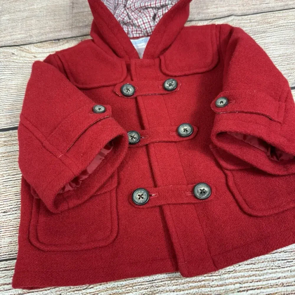 Janie And Jack Layette Red Wool Blend Pea Coat Baby 0-6 Months Unisex Hooded